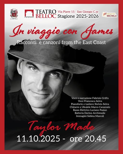 Locandina dello spettacolo "In viaggio con James – Racconti e canzoni from the East Coast" al Teatro Belloc di San Giorgio C.se, l’11 ottobre 2025 alle ore 20:45
