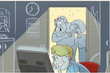 Illustrazione in stile cartoon ambientata in una stanza poco illuminata. In primo piano c’è un ragazzo seduto davanti a un computer: guarda lo schermo con un sorriso compiaciuto, appoggiando la testa su una mano.

Sul fondo, dalla porta aperta, entrano due adulti (probabilmente i genitori), illuminati dalla luce del corridoio. Appaiono sorpresi o scioccati da ciò che vedono sullo schermo: uno ha la bocca aperta per lo stupore, mentre l’altra persona si copre gli occhi con una mano.

Nella stanza si intravedono vari oggetti: una scrivania, un orologio a parete, un calendario, un armadio e una ruota appoggiata a lato. L’atmosfera suggerisce che il ragazzo stia usando il computer in modo nascosto o inappropriato, colto di sorpresa dall’arrivo degli adulti.