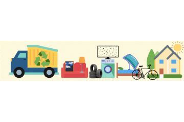 Illustrazione orizzontale in stile grafico e colori pastello sul tema della sostenibilità e del riciclo.

Da sinistra a destra si vedono: un camion giallo e blu con il simbolo del riciclo sul cassone; un divano rosso con sopra un quadro appoggiato e una lampada da terra accanto; una pila di pneumatici neri; una lavatrice verde con un cestello colorato; uno schermo o pannello rettangolare con puntini; un pannello solare inclinato su supporto; una bicicletta nera; una casa con tetto grigio, finestre blu, porta rossa e sole che splende in alto a destra.

L’immagine rappresenta la raccolta e il riuso di oggetti domestici, il riciclo dei rifiuti e l’uso di energie rinnovabili in ambito domestico.