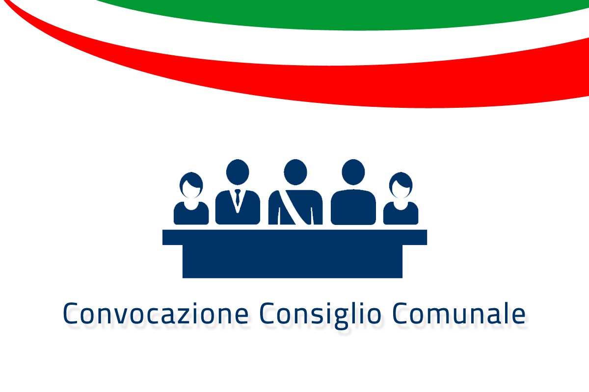 Rappresentazione grafica di un tavolo consiliare, a cui sono sedute cinque persone,  due donne e tre uomini, uno dei quali con fascia che lo identifica come sindaco. Il disegno è blu scuro su fondo bianco. in alto a destra sono presenti tre strisce rappresentanti il tricolare, una verde una bianca e una rossa.