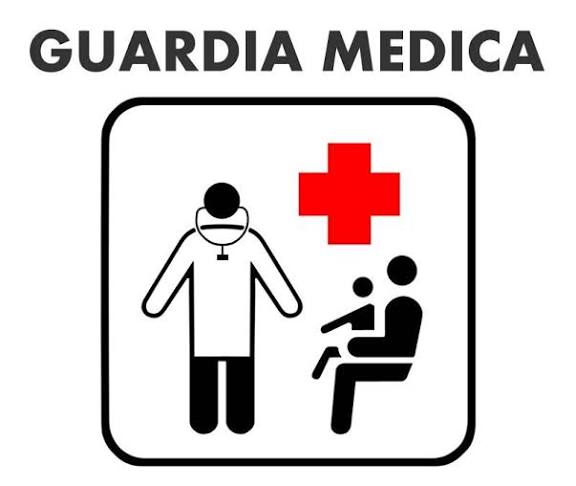 cartello con immagine stilizzata di un medico, con camice e stetoscopio, posto in piedi di fronte alla figura di un uomo seduto, con in braccio un bambino. in alto nel riquadro su sfondo bianco si trova una croce di colore rosso